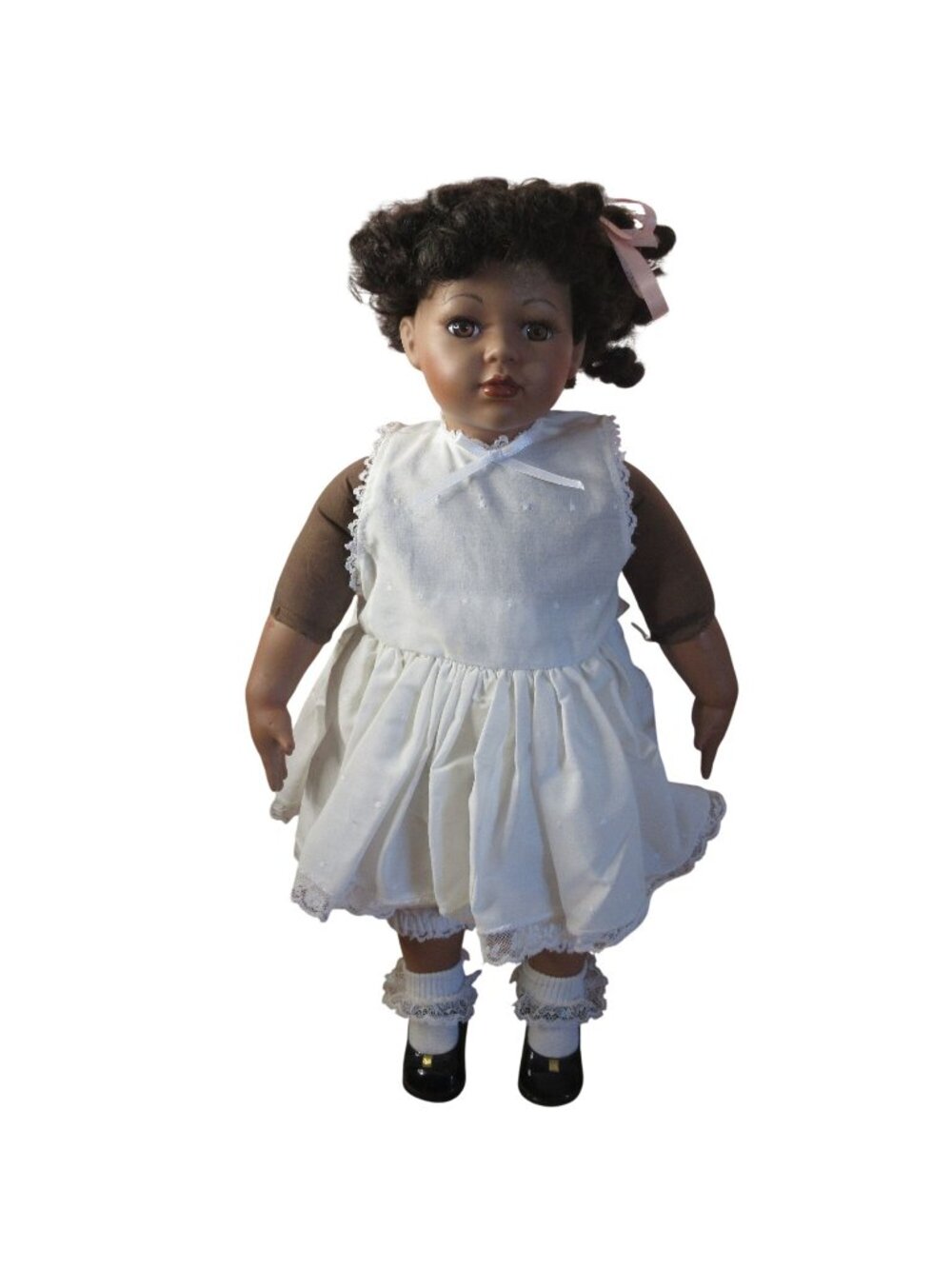 African American 21" Black Porcelain Doll Dressed in White